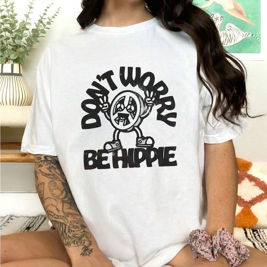 Tops _ Don't Worry Be Hippie Peace Sign Graphic _ Color_ Cream_White _ Size_ Various - White - View 1