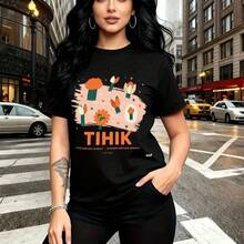 Camiseta de mujer con estampado floral abstracto de tulipanes naranjas sobre fondo texturizado en tonos melocotón y rosa con texto TIHIK - camiseta casual de manga corta, ajuste cómodo y moderno, estilo urbano para ciudad - ideal para el Día de la Ma - Negro - Ver 9