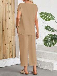 Set de 2 piezas con top de manga corta de cuello redondo y pantalones de longitud completa de unicolor para mujer - Caqui - Ver 2