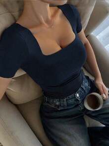 Square Neck Blouse With Short Sleeves, Versatile And Stylish Casual Wear For Everyday Use, Spring/Summer Clothing - Biru laut - View 5