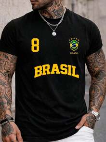 Men's T-Shirt Brazil 8 Summer Short Sleeve Shirt 100% Cotton - 黑色 - 查看 1