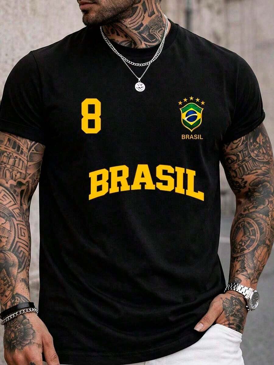 Men's T-Shirt Brazil 8 Summer Short Sleeve Shirt 100% Cotton - 黑色 - 查看 1