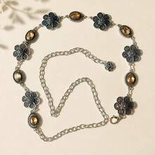 1pc Adjustable Silver Tone Amber Crystal & Flower Pants Chain, Retro Filigree Floral - Silver Amber - View 3