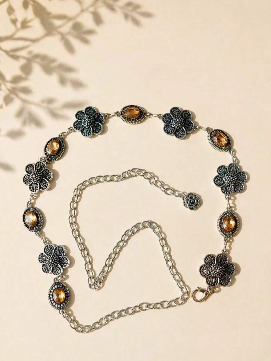 1pc Adjustable Silver Tone Amber Crystal & Flower Pants Chain, Retro Filigree Floral