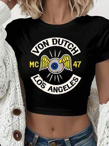 Van Dutch Los Angeles MC 47 Winged Eye Graphic Women's Casual Solid Color Crew Neck Short Sleeve Slim Fit Cropped T-Shirt Basic Summer Polyester Top, Versatile Everyday Wear, Perfect Gift For Her - 黑色 - 查看 1