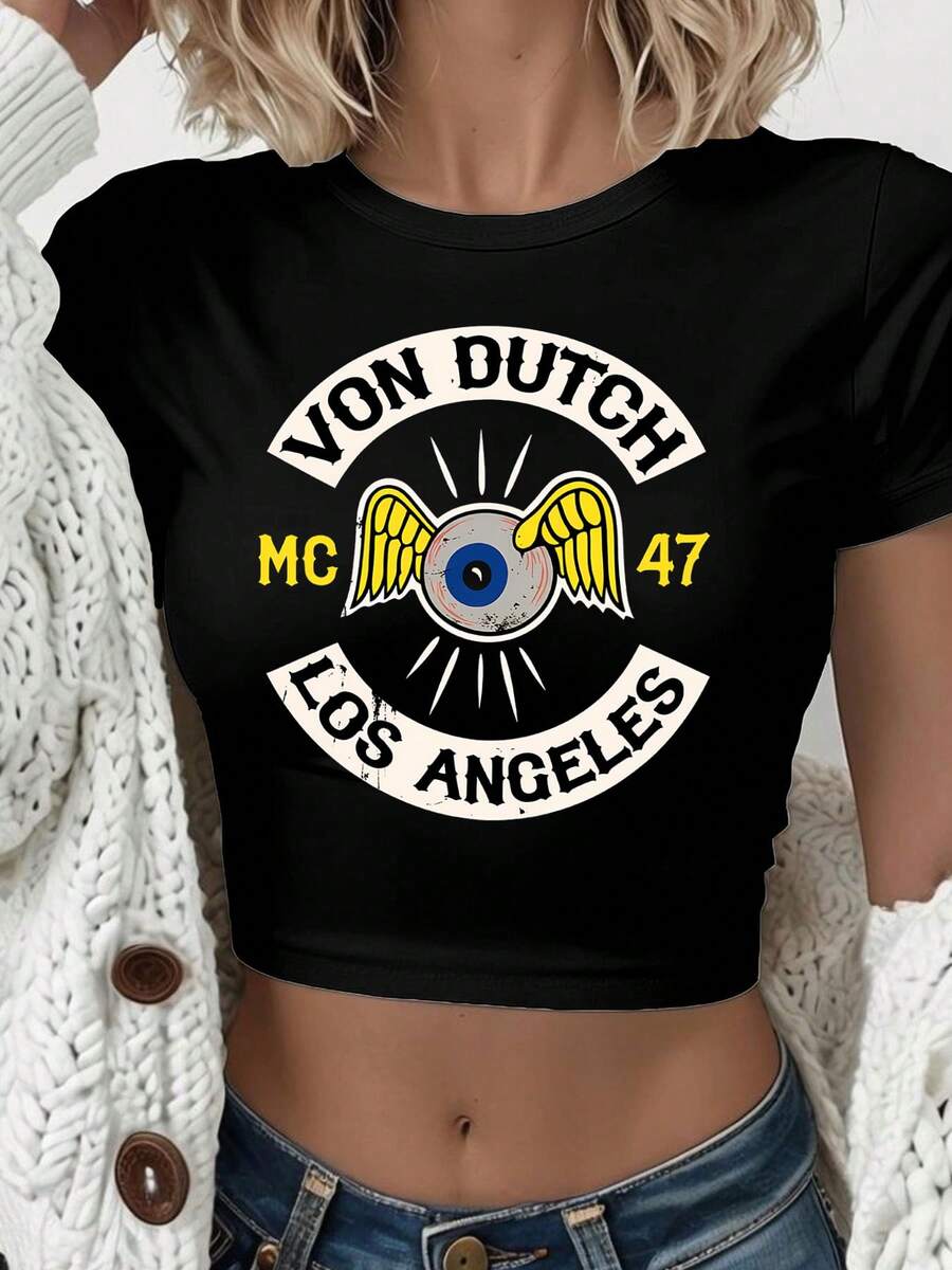 Van Dutch Los Angeles MC 47 Winged Eye Graphic Women's Casual Solid Color Crew Neck Short Sleeve Slim Fit Cropped T-Shirt Basic Summer Polyester Top, Versatile Everyday Wear, Perfect Gift For Her - 黑色 - 查看 1