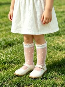 1 Pasang Kaos Kaki Bayi Perempuan Motif Polkadot Jacquard Setinggi Betis, Kaos Kaki Sutra Ringan dan Bernapas untuk Anak Perempuan, Kaos Kaki Serbaguna untuk Sehari-hari, Musim Semi/Panas - Putih - View 3