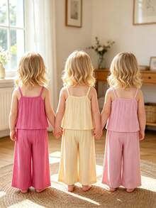 6pcs/Set Baby Casual Solid Color Fashion Versatile Camisole Paired With Loose Solid Color Pants Set, Spring/Summer - Multicolor - View 2