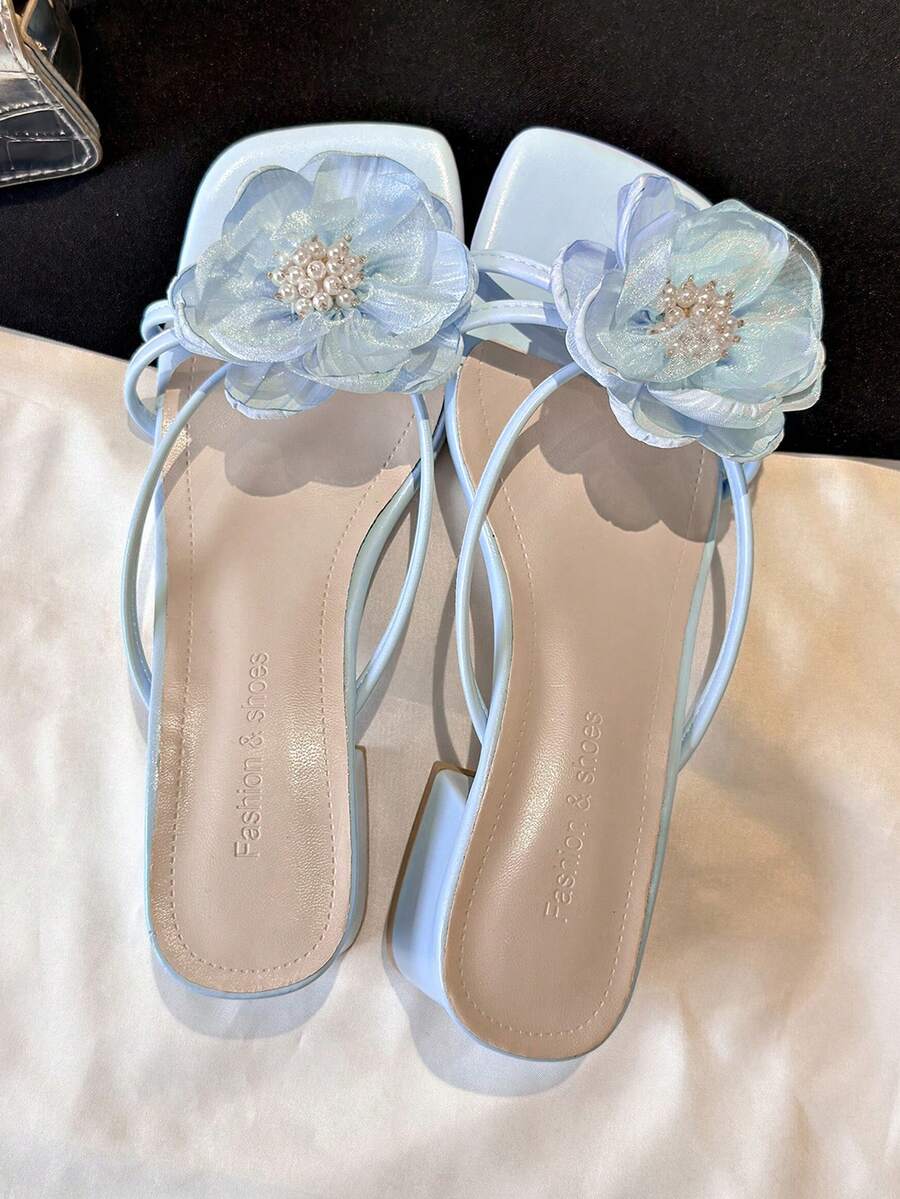 Sandal nữ cao gót vừa 2025 mùa hè mới kiểu Pháp, gót dày, đính ngọc trai hoa, một quai, hở mũi, đa năng - Màu xanh lam - Xem 1