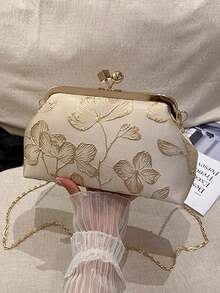 Stylish Floral Jacquard Evening Bag, Formal Clutch Purse With Kiss-Lock Closure & Gold Chain, Lightweight & Refined, Perfect For Pairing With Evening Gowns, Cocktail Dresses, And Vintage-Inspired Looks, Great For Special Occasions. - Gold - View 4