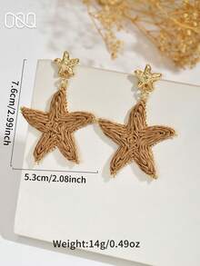 OOQ 1 Pair Summer Vacation Style Handmade Rattan Starfish Pendant Earrings, Fashion Jewelry For Beach Holiday, Gift For Friends And Family (Handwoven Rattan Shape And Direction Random) - Khaki - View 2