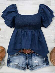 Camisa azul con mangas de gorra y cuello cuadrado con mangas volantes al estilo francés, ideal para el verano - Azul 2 - Ver 1