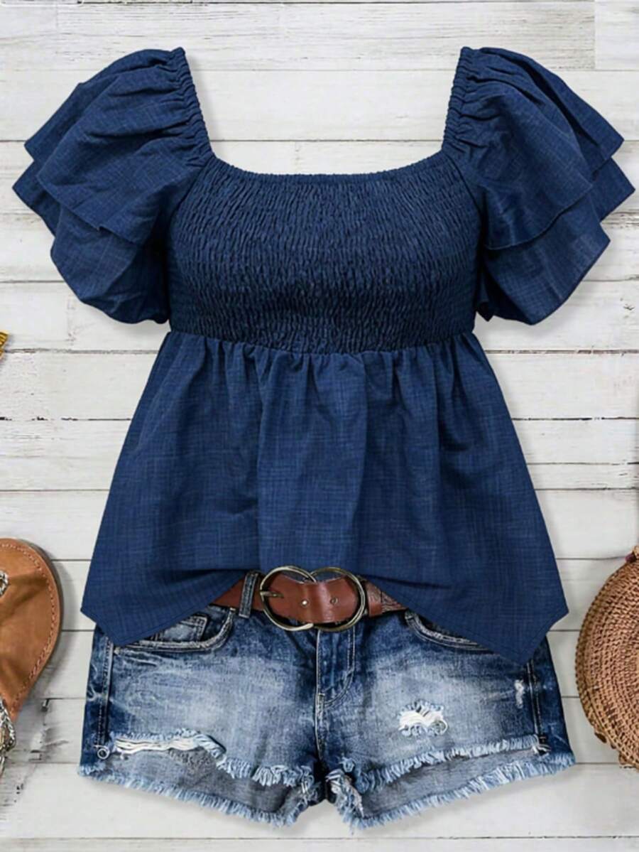 Camisa azul con mangas de gorra y cuello cuadrado con mangas volantes al estilo francés, ideal para el verano - Azul 2 - Ver 1