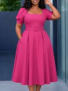 Vestido de Comprimento Médio Feminino NOU, Design de Decote Quadrado Aumenta a Exposição da Pele, Valoriza o Pescoço, Design de Manga Farol Valoriza as Linhas do Braço, Cinto na Cintura Afina a Cintura, Silhueta Solta Plissada em A Adequada a Diversos Tipos Físicos, Tecido Respirável e Leve Adequado para Primavera/Verão, Escritório, Local de Trabalho, Vestido Minimalista Elegante de Cor Sólida de Comprimento Médio, Cinto de Tecido, Adequado para Casamento, Escritório, Diário, Casual, Local de Trabalho, Primavera/Outono - Pink - Visão 4