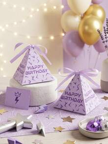 12個紫色K-POP閃電三角形禮物盒，「Happy Birthday」印花，紫色與K-POP主題，1歲生日派對伴手禮，嬰兒洗禮裝飾，多用途包裝盒，性別揭曉派對用品，男孩女孩派對裝飾，紫色K-POP閃電裝飾，禮物包裝袋，居家裝飾，桌面裝飾 - 紫色閃電 - 查看 4