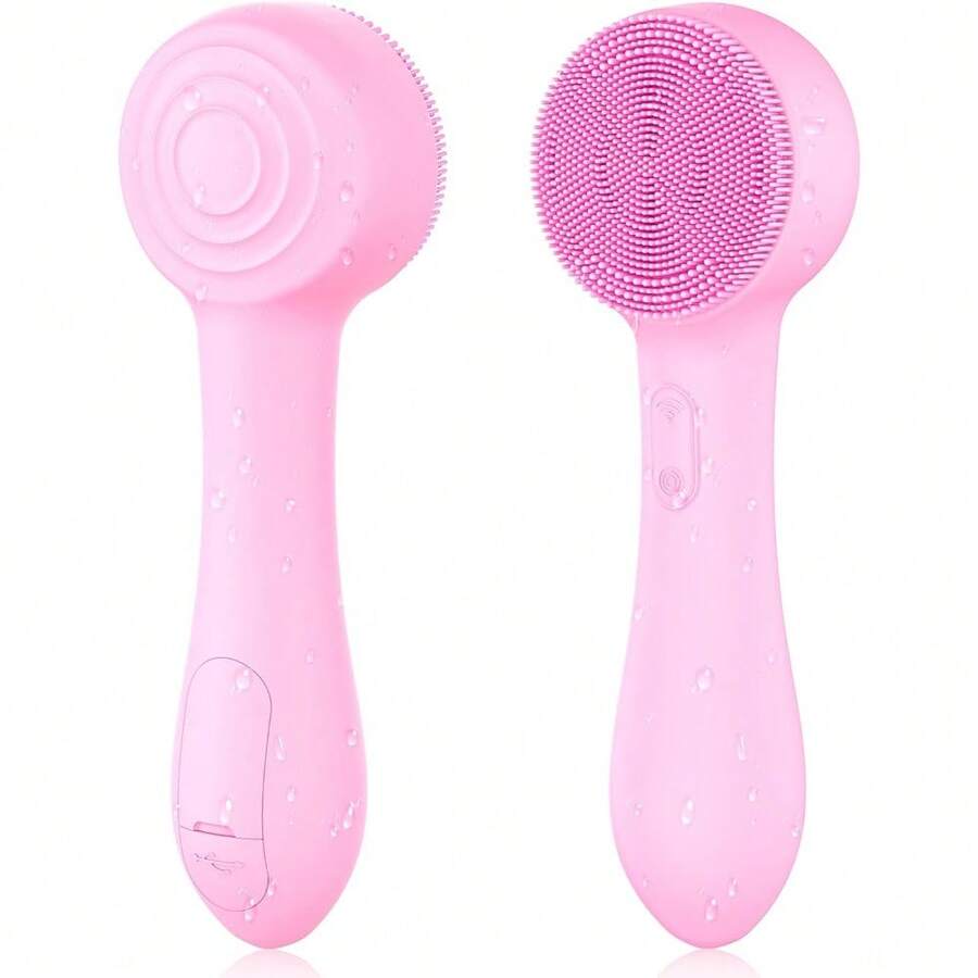 1 Piece Sweet Pink Smooth Solid Silicone Texture Silicone Facial Cleansing Brush, Electric Face Exfoliating Massager, Elegant Daily Universal Portable Waterproof Rechargeable Deep Cleansing Household Facial Skin Care Cleansing Tool Type, Multifunctional Skin Renew Scrub Device For Daily Exfoliating Blackhead Removing Pre-Sleep Relaxation, Skin Friendly Comfortable Beauty Care Facial Cleansing Tools - 彩色 - 查看 1