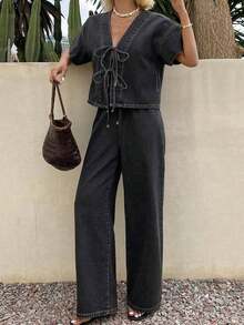 Conjunto de ropa de verano para mujer, blusa de manga corta con nudo delantero y pantalones vaqueros de corte holgado - Gris - Ver 3