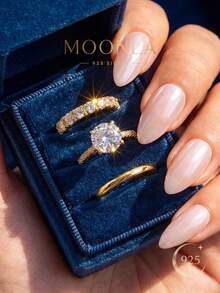 1 set 3 pièces de bagues élégantes en argent sterling 925, incrusté de zirconium blanc, bague simple de base, bijoux raffinés, convient comme cadeau d'anniversaire, de bal de promo ou de fête pour femmes - Doré - Voir 1