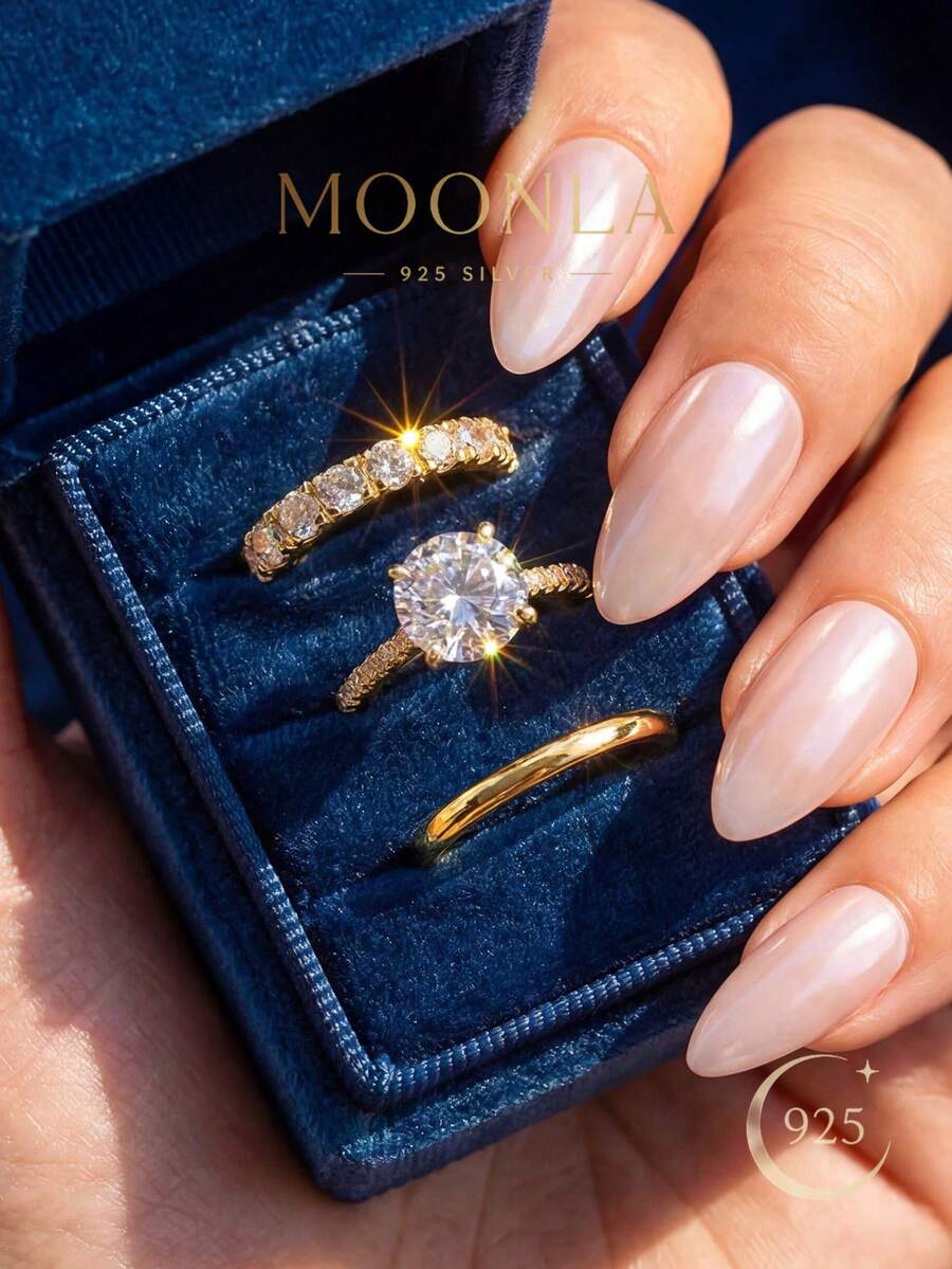 1 set 3 pièces de bagues élégantes en argent sterling 925, incrusté de zirconium blanc, bague simple de base, bijoux raffinés, convient comme cadeau d'anniversaire, de bal de promo ou de fête pour femmes - Doré - Voir 1
