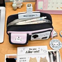 1pc Cute Cat Themed Canvas Pencil Case, Multi-Compartment Design With Large Capacity To Store Pens, Cards And Small Accessories, Durable Zipper Closure, Suitable For School, Office And Daily Organization,Back To School - Magic Pocket Kitten - View 4