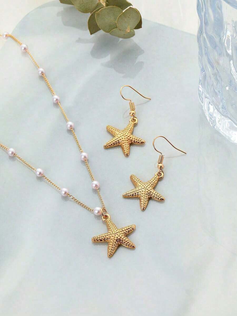 Conjunto de collar y aretes con forma de estrella de mar en color dorado (cadena hecha a mano cortada a medida, número variable de perlas, tamaño variable de rhinestones) - Dorado - Ver 1