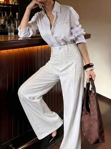 Women's White High-Waisted Pleated Wide-Leg Suit Pants, Commute And Casual Wear - White - View 10