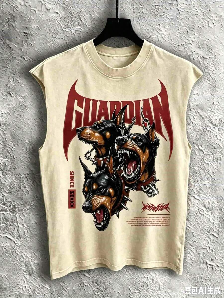 2026 New Summer Men's Sleeveless T-Shirt 230g Washed, Guardian's Wild Power Pattern-Printed Vest, Men's Washed Vintage Tank Top, Washed Cotton Fabric, Outdoor Sports And Fitness Apparel, Popular Streetwear Recommendation, Loose Washed Tank Top For Men - Màu be - Xem 1