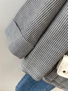 Women's Polyester Striped Drop Shoulder Long Sleeve Collared Shirt, Front Button Design, Regular Length, Non-Stretch Fabric Top Black Spring - Black - View 5