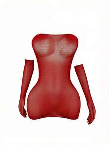 女款內衣套裝 角色扮演連身衣 Teddy 網紗內衣 附手套 比基尼罩衫 - 紅色 - 查看 4