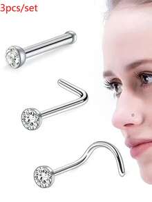 Nooxian 3pcs/Set Minimalist Stainless Steel Rhinestone Nose Studs, Unisex Jewelry - Silver - View 1