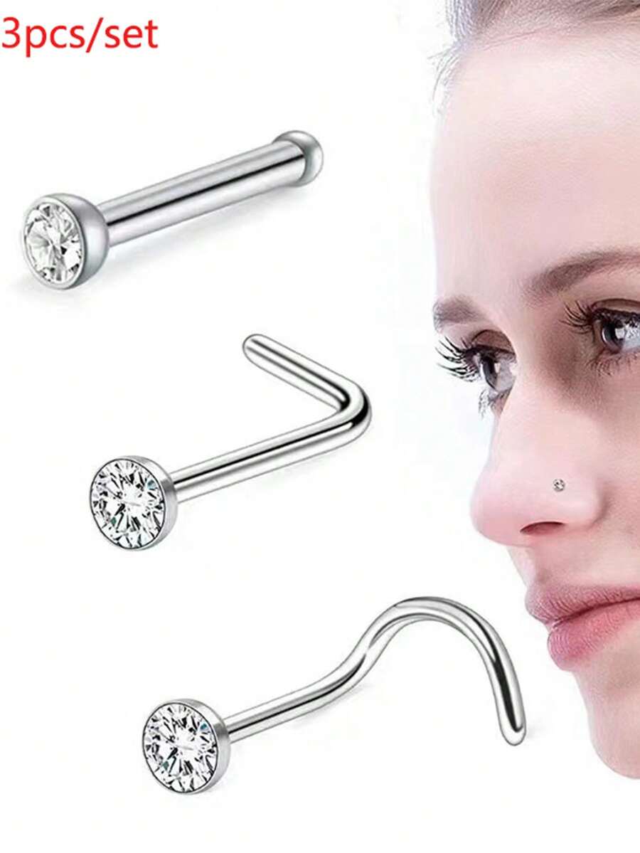 Nooxian 3pcs/Set Minimalist Stainless Steel Rhinestone Nose Studs, Unisex Jewelry - Silver - View 1