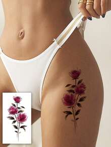 2 buah Stiker Tato Temporer Pola Kreatif Ular & Mawar, Bulan & Bunga, Tahan Air & Keringat, Tato Palsu Minimalis Elegan untuk Wanita, Ukuran Kecil untuk Tulang Selangka, Pergelangan Kaki, Pergelangan Tangan, Bertahan 2-5 Hari - Hitam - View 6