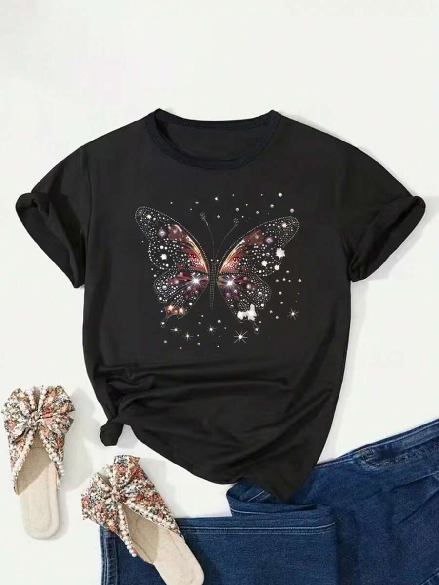 Fashionable And Versatile T-Shirts For Plus Size Women Featuring A Butterfly Sparkle Galaxy Design.Png - Black - View 1