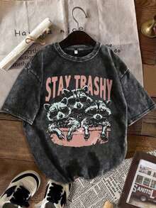 UPLNE
Women's Casual Short Sleeve T-Shirt With Raccoon Print And Distressed Wash - Crew Neck And Relaxed Fit - Machine Washable Summer Blouse With Raccoon Lettering - Does Not Include - Black - View 1