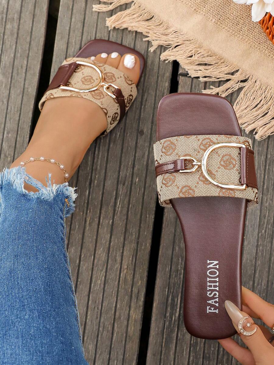 [Casual Flat Sandals] Summer Casual Women's Chain Buckle Flat Sandals, Open Toe, Slip-On, TPR Sole - Suitable For Beach