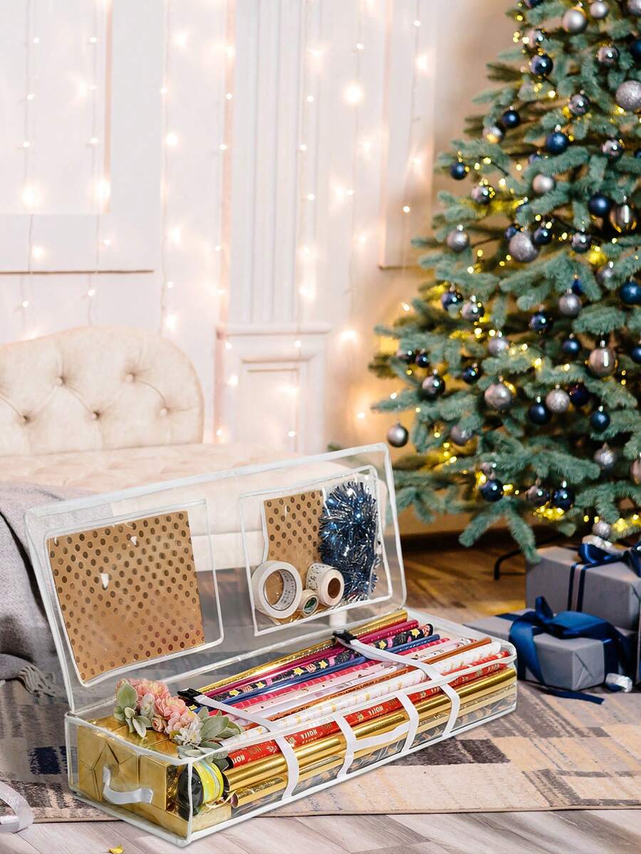 1pc Wrapping Paper Storage Box, Christmas Gift Wrapping Paper Storage Bag With Inner Pocket, Holiday Decor Underbed Storage Organizer Bag - White and Transparent - View 1