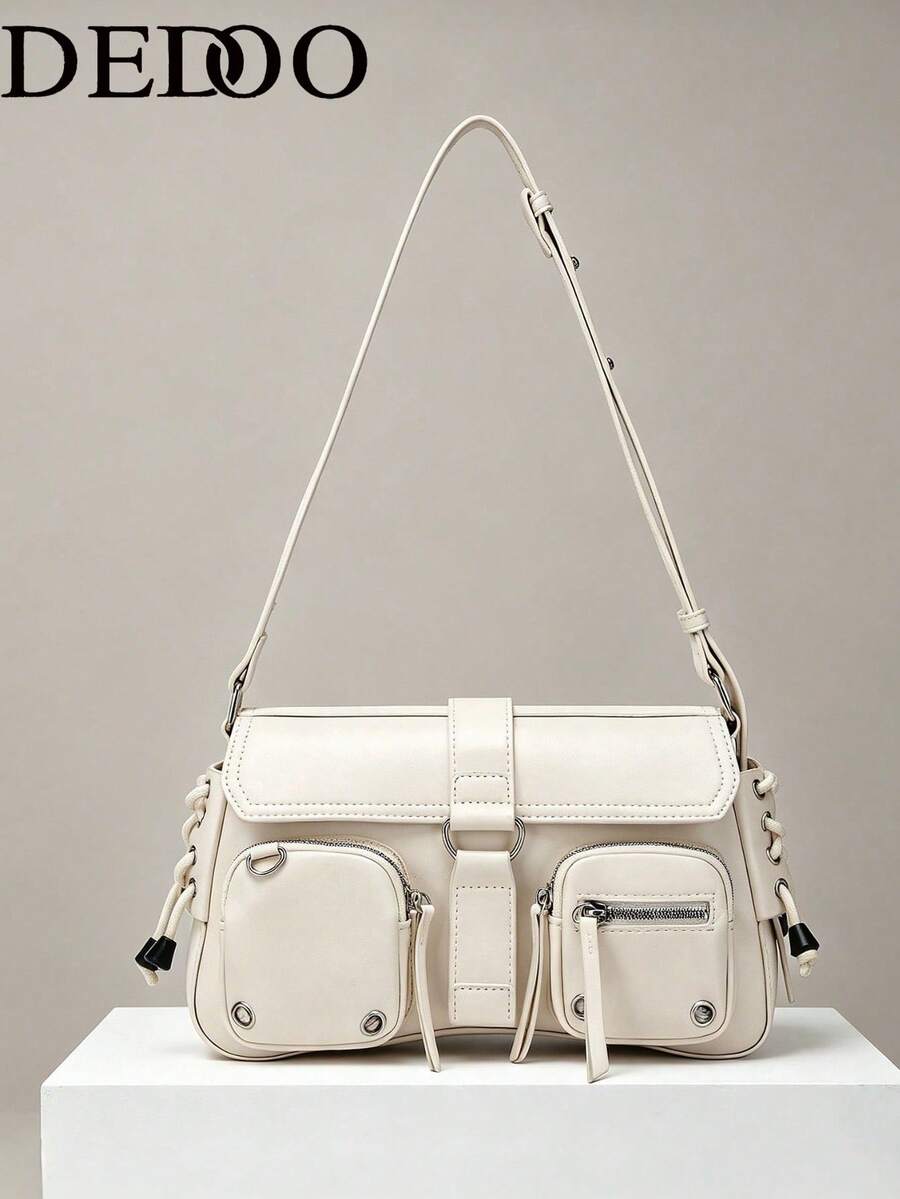 Dedoo 2026 New Women's Solid Color Large Capacity Multi-Pocket Y2K Style Tote Bag, Hippie Fashion Style, Suitable For Cool Girl Handbag And Wallet. (Drawstring Hood Color Shipped Randomly) - Beige - View 1
