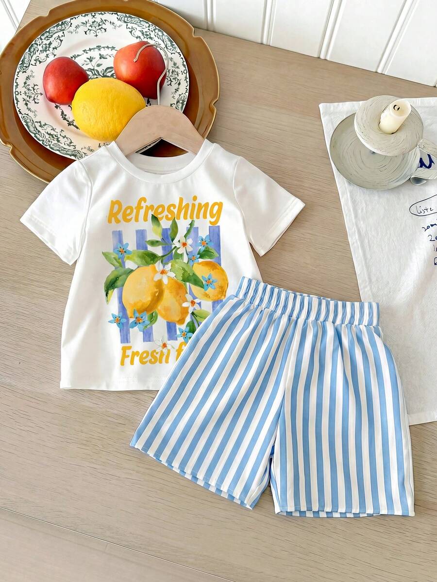 2 pezzi/Set Carino Minimalista Fresco Estivo Stampa Limone Set di Pantaloncini Casual per Ragazza Giovane - Blu - Visualizzare 1