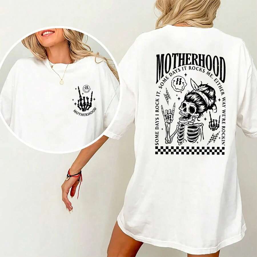 Maglietta "Motherhood Some Days I Rock It", Maglietta "Motherhood Rock Skeleton" con doppia stampa, Maglietta "Mom Life", Maglietta "Mama", Regali per la mamma, Abbigliamento da donna in morbido tessuto di cotone, Outfit basic quotidiani per la mamma, vestibilità comoda, Top da donna Rocking Mom, stile chic ZTOQ - Bianco - Visualizzare 1
