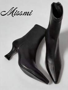 2025 Autumn/Winter New Brown High Heel Ankle Boots For Women, Pointed Toe Elastic Slim Fit Thermal Lined Ankle Boots - Black - View 7