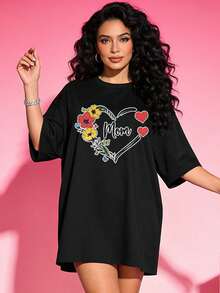 Women's Summer T-Shirt, Casual, Soft, Round Neck, Short Sleeve, Floral Print With Heart And The Word "Mom". White. - 黑色 - 查看 7