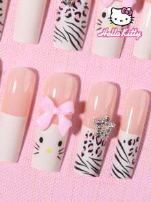 Sanrio Hello Kitty 24片中號正方形豹紋與白色法式穿戴甲，附Hello Kitty、星星、蝴蝶結設計，壓克力假指甲套組，含1片果凍膠與1片指甲锉，適合Sanrio女孩日常、派對與聚會 - 彩色 - 查看 3