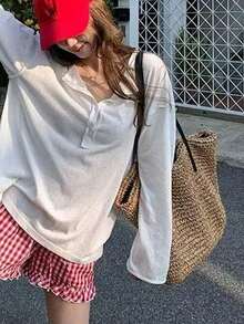 返校季韩版ins风春夏新款沙滩度假编织手提包，大容量女士单肩包 - 卡其色 - 查看 6