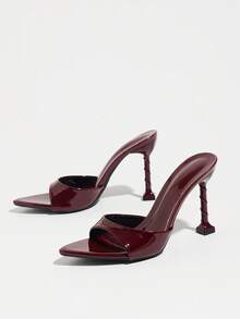 Mules à talons hauts brillantes pour femmes avec design cintré à la taille, chaussures de mode pour printemps/été, boîte de nuit, fête, soirée, gala, extérieur, rue, défilé, scène, mariage, maison, décontractées, sandales mules à bout pointu et talons aiguilles hauts avec design cintré à la taille, tissu miroir doux, chaussures élégantes et sophistiquées rouge vin à enfiler pour femmes, talons hauts de mode élégants - Rouge foncé - Voir 6