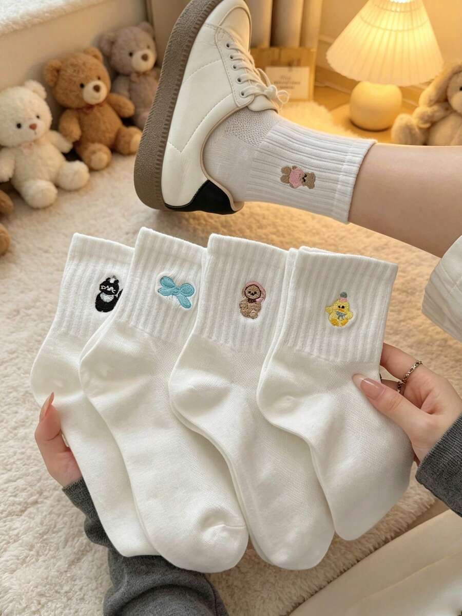 1/5雙女款網眼透氣刺繡襪，夏季薄款可愛運動襪，短踝中筒襪，休閒百搭白色襪子 - 彩色 - 查看 1
