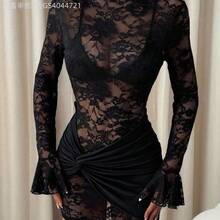 MewMuse. PETITE Vestido mini de encaje transparente y sexy color borgoña, adecuado para citas diarias, salidas nocturnas, discotecas, fiestas, reuniones, fiestas de cóctel, fiestas de piscina, otoño/invierno - Marrón Chocolate - Ver 4