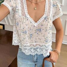 Camisa casual de mujer con estampado floral diminuto y mangas cortas - Negro01 - Ver 6