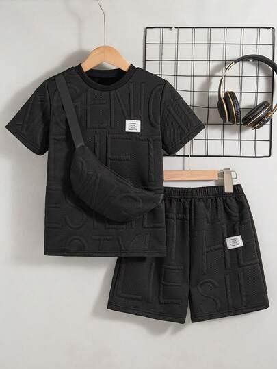 2pcs Toddler Boys' Casual Daily Wear Solid Color Patch Design Regular Fit Round Neck Short Sleeve T-Shirt And Shorts Set, Summer