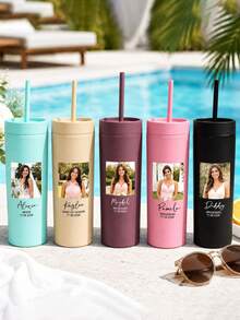 Personalized Photo Slim Insulated Tumbler, Creative Text Water Bottle With Straw, Bridesmaid Gift, Straight Body Insulated Tumbler, Stainless Steel Water Bottles - Multicolor - View 5