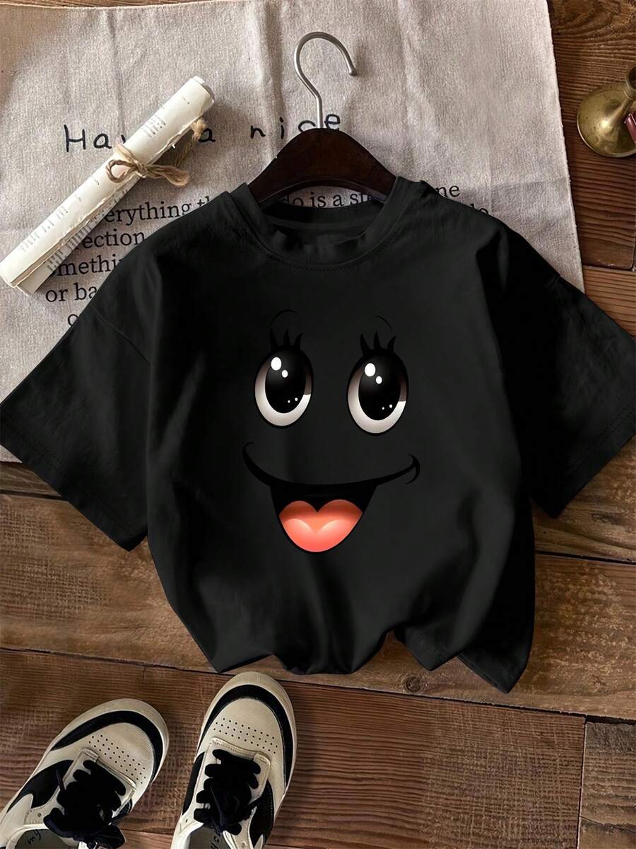 Plus Size Women's Cheerful Face Print T-Shirt - Oversized Round Neck Short Sleeve Blouse, Comfortable Casual Wear - Loose Fit Top Suitable For Women - 黑色 - 查看 1